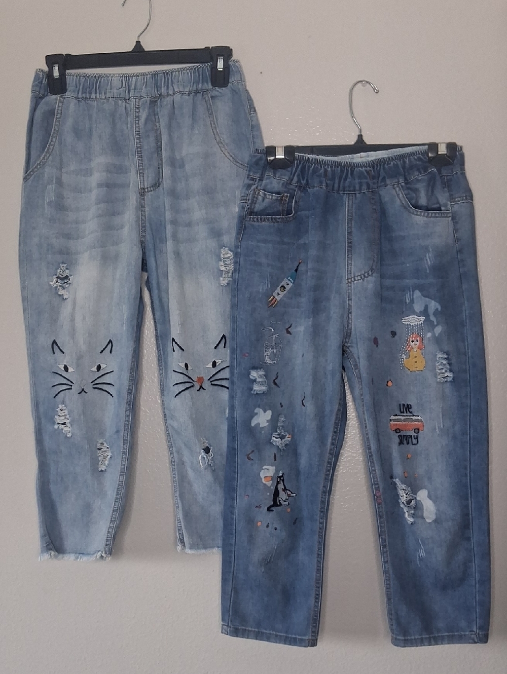 Boho Bundle -2 Cropped Jeans Embroidered Cat Y2K Inspired High Rise Pull-On M